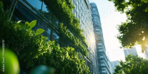 An image of a modern office building emphasizing its use of natural light and green spaces for environmental sustainability.
