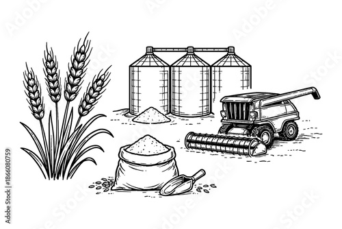 Hand drawn farming elements: silos, wheat, combine harvester, and grain sack