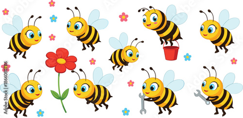 Cute Cartoon Bee Characters Collection with Flowers, Tools, and Funny Poses for Kids Illustration on White Background