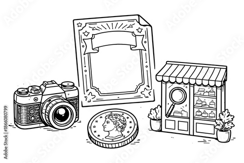 Antique camera and vintage souvenirs with blank sign in retro style