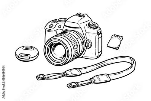 Hand-drawn camera set with lens, strap, and memory card accessories in black and white