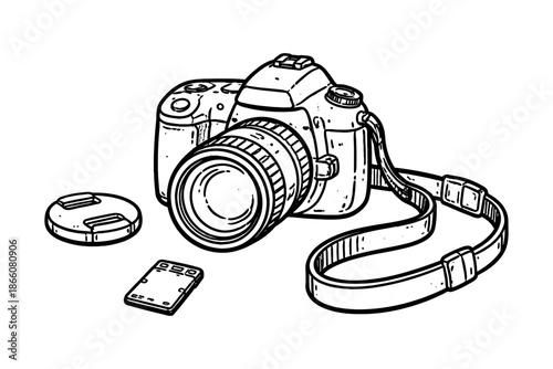 Detailed line art of a digital camera with accessories: lens cap and memory card