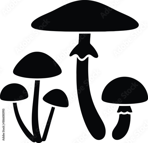 Black and white mushroom silhouette illustration vector set white background
