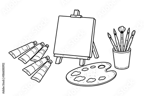 Art supplies: easel, paint tubes, palette, brushes black and white illustration