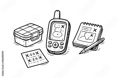 Geocaching adventure gear: gps device, map book, and geocache box in hand-drawn style
