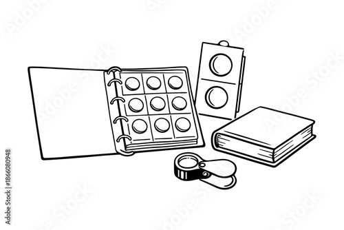 Coin collection essentials in line art: albums, magnifying glass, and storage solutions
