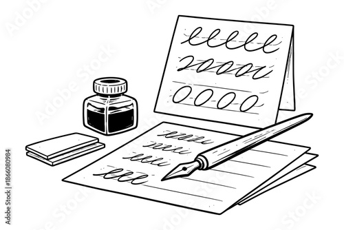 Elegant calligraphy setup with ink bottle and fountain pen on vintage paper