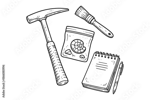 Archaeology tools: hand drawn dig kit with hammer, brush, fossils, and notebook