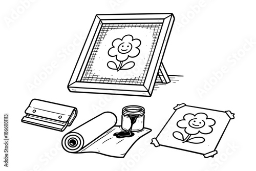 Hand drawn screen printing tools with smiling flower design