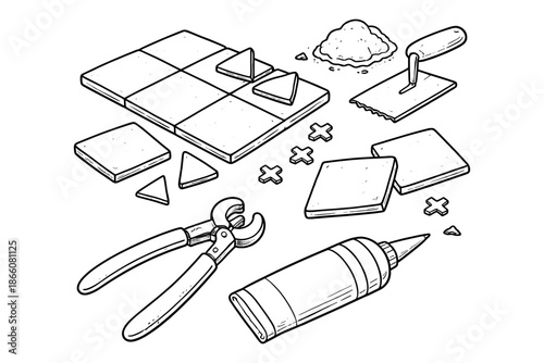 Hand drawn tools and materials for tiling projects