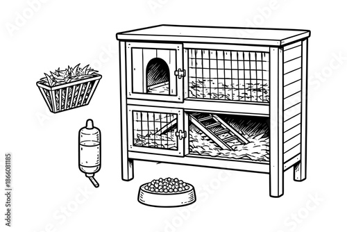 Hand drawn rabbit hutch set with accessories in black and white