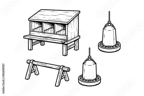 Rustic farm equipment sketch: hen house, feeder, and perch design