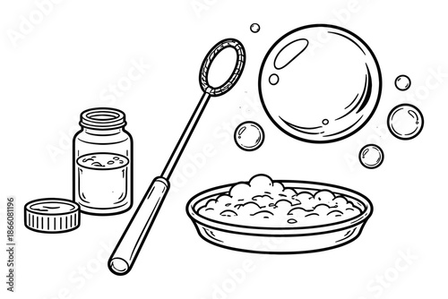 Hand drawn soap bubble set with wand and solution in tray