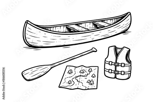 Hand-drawn canoeing set with canoe, paddle, map, and life jacket