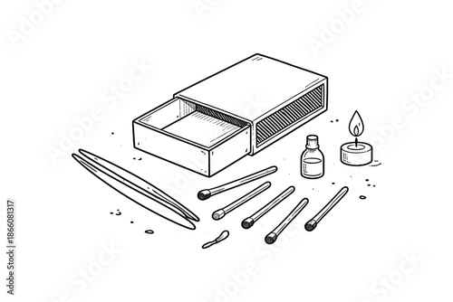 Hand drawn minimalist matchbox set with incense and candle