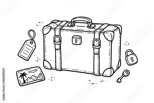 Vintage suitcase with travel accessories in hand drawn doodle style for adventure design
