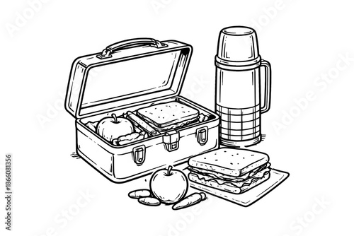 Vintage lunchbox and thermos with sandwich sketch