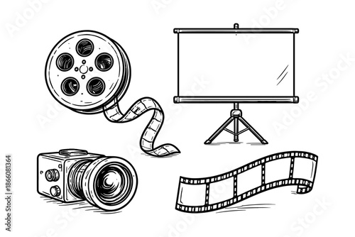 Vintage cinema elements set with film reel, projector, and screen