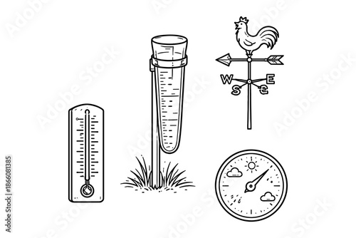 Weather instruments collection: rain gauge, thermometer, wind vane, barometer in outline design