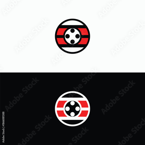Modern film reel logo designs in red and black