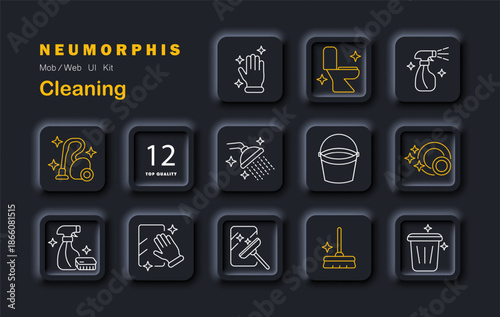 Cleaning set icon. Gloves, mop, vacuum, brush, toilet, spray, dish, bin, bucket, window, shower, soap in outlined neumorphic sanitation style.