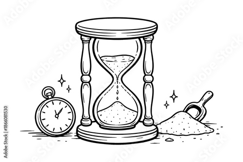 Hand drawn hourglass with pocket watch and sand pile illustration