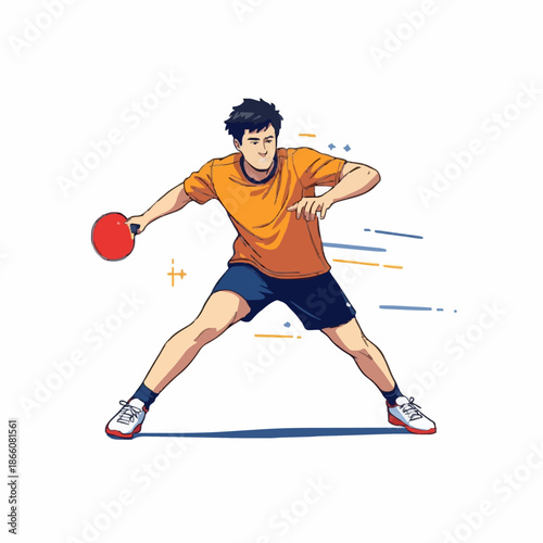 Young man playing table tennis in an orange t-shirt and blue shorts