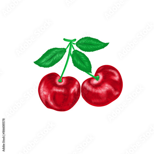 hand-drawn illustration of bright red cherries with stems and some green leaves