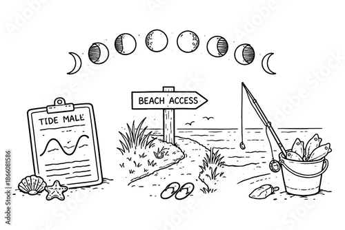 Coastal line art of tide chart and beach scenes with moon phases