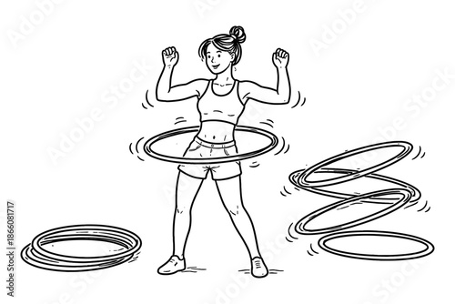Active woman hula hooping: dynamic black and white line art fitness scene