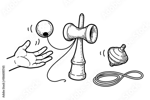 Classic toys line art: kendama, spinning top, and yo-yo design for kids' playtime