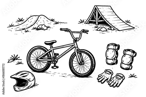 Bmx adventure gear and obstacles in black and white sketch style