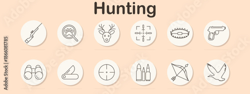 Hunting set icon. Rifle, paw print, deer, target, bear trap, pistol, binoculars, knife, scope, bullets, bow, bird.