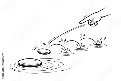 Minimalist hand skipping stone in motion line art