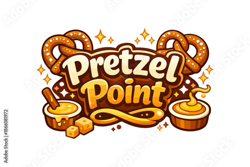 Pretzel point logo with cheese dip and sparkles in cartoon style