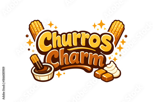 Churros delight logo with caramel, whipped cream, and sparkle elements
