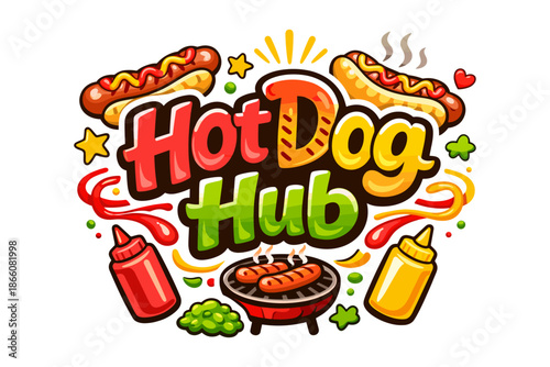 Vibrant hot dog hub logo with grill and condiments in cartoon style