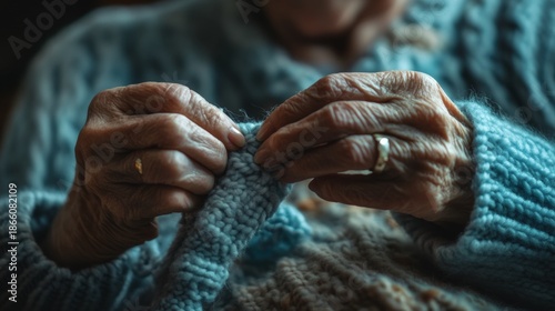 An old lady with blue knitwear is busy knitting a scarf. She wears a ring on her finger and has wrinkles on her hands. The image captures the moment of concentration on her craft.