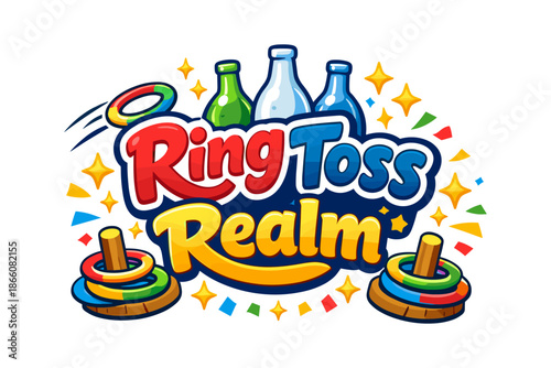 Playful carnival ring toss game with colorful bottles and sparkling elements
