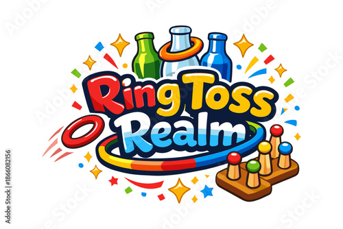 Colorful ring toss game with bottles and pegs in cartoon style