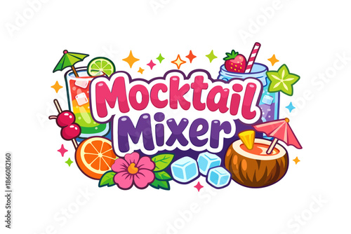 Bright and fun mocktail mixer banner with tropical fruits and drinks