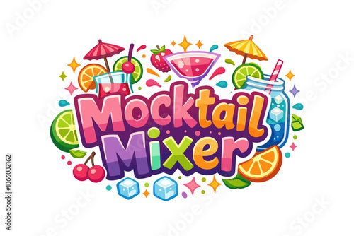 Colorful mocktail mixer design with vibrant fruits and glasses