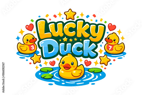 Cute rubber duck design with lucky charm elements and playful accents