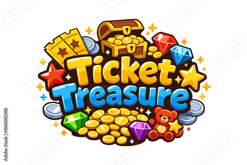 Colorful game theme with coins, gems, and ticket collectibles