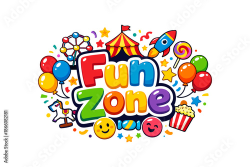 Bright and colorful fun zone design with balloons and carnival elements