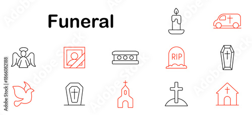 Funeral set icon. Candle, coffin, cross, grave, church, photo, angel, hearse, dove, tombstone, ceremony, sadness, farewell, memory, rest, prayer.