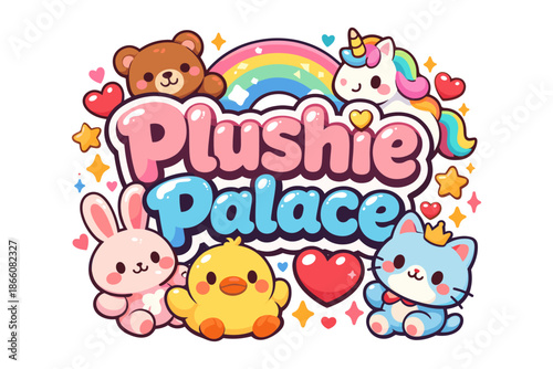 Adorable plushie friends with rainbow and hearts in a cute cartoon style