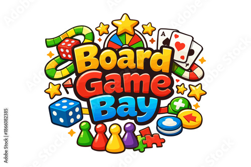 Colorful board game design with dice, cards, and tokens