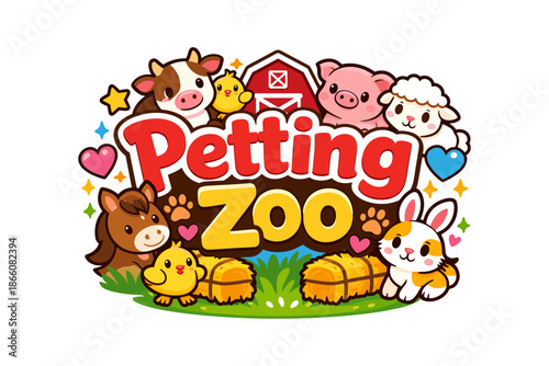 Charming petting zoo animals around a cute farmyard barnyard scene