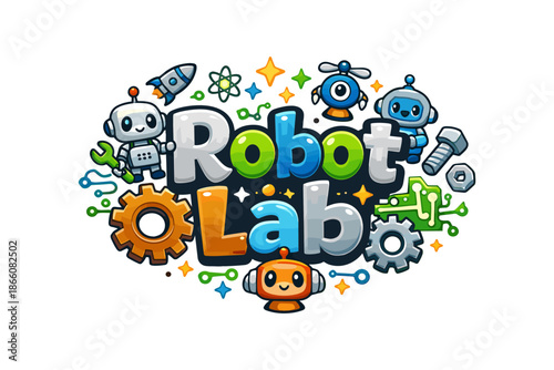 Cute cartoon robot lab design with gears, rockets, and robots
